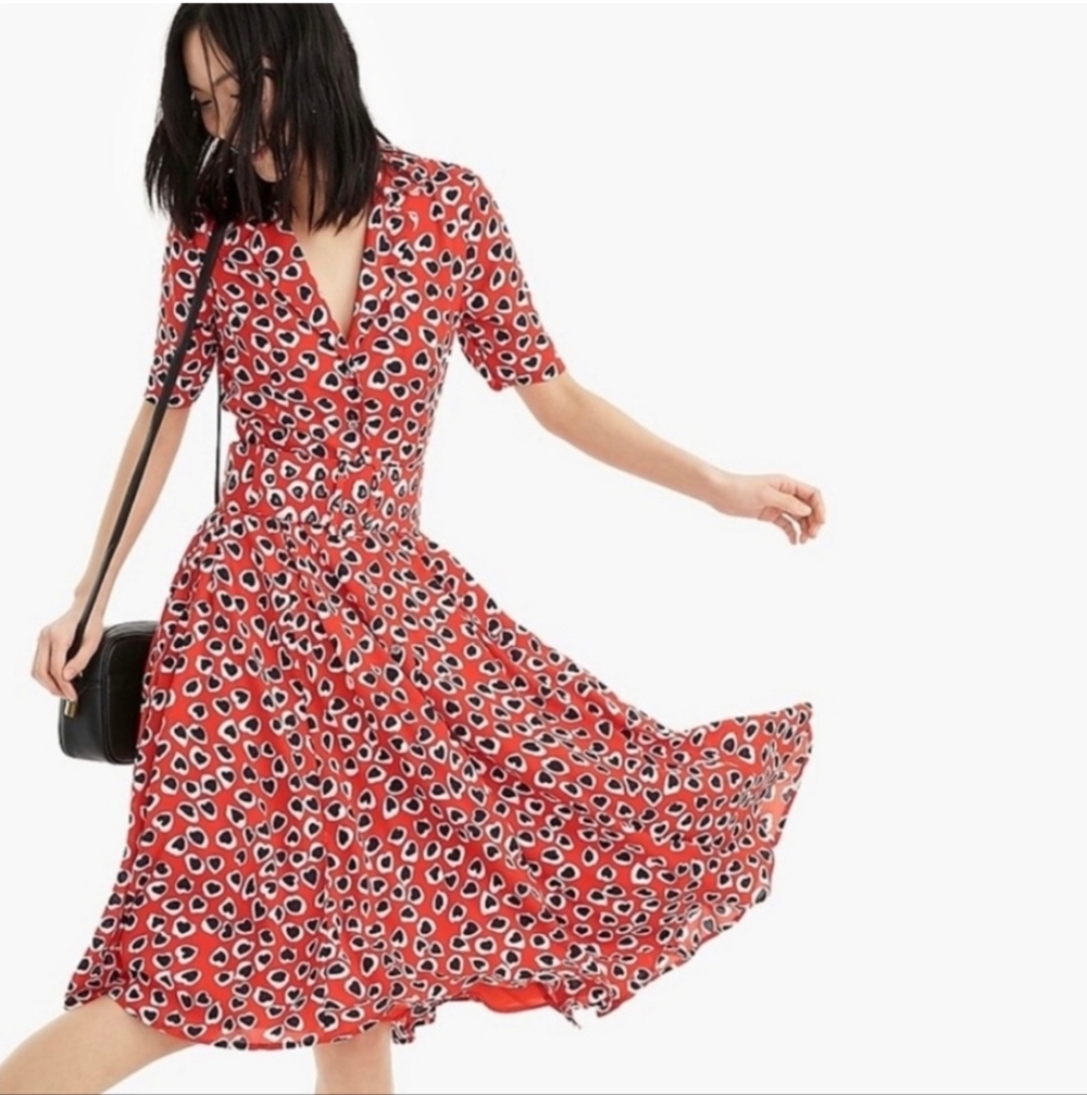 J. Crew Heart Leopard Button Front Midi Dress Red White Blue Size 2 - Picture 4 of 16